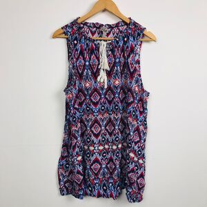 Como Vintage Women's Printed Tank Top Sleeveless Shirt Tassels Red Blue Size 2X